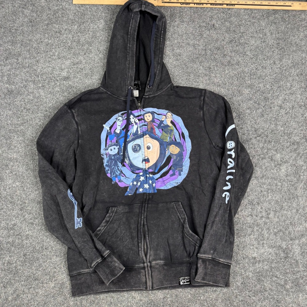 Hot Topic Coraline Hoodie Mens Size S Black Mineral Wash 15th Anniversary Zip Up